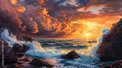 A picturesque painting capturing the sunset over the ocean, with vibrant colors reflecting on the water and a beautiful sky filled with cumulus clouds AIG50 © Summit Art Creations