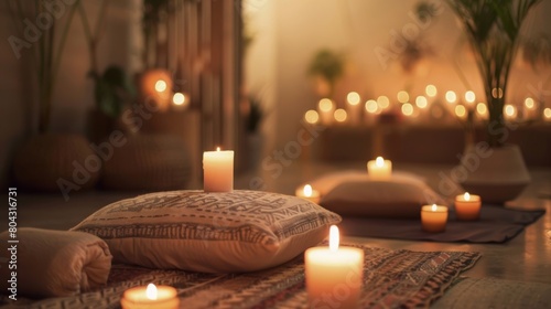 A calming meditation room filled with soft music scented candles and plush pillows for men to clear their minds and destress.