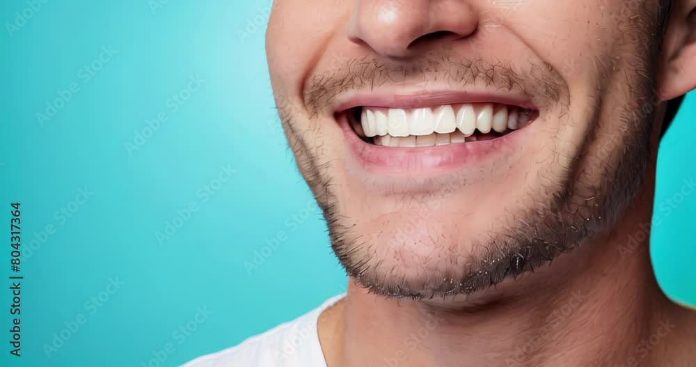 Beautiful smile of a young man on a blue background close-up, copy space Beautiful smile of a young man on a blue background close-up, copy space