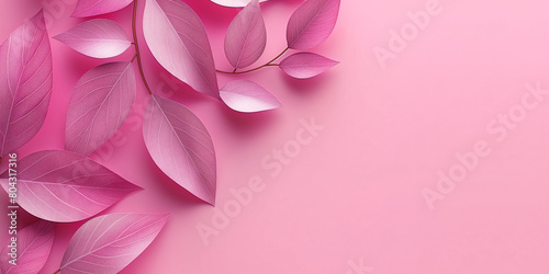 Pink plain background with leaves, copy space	 photo