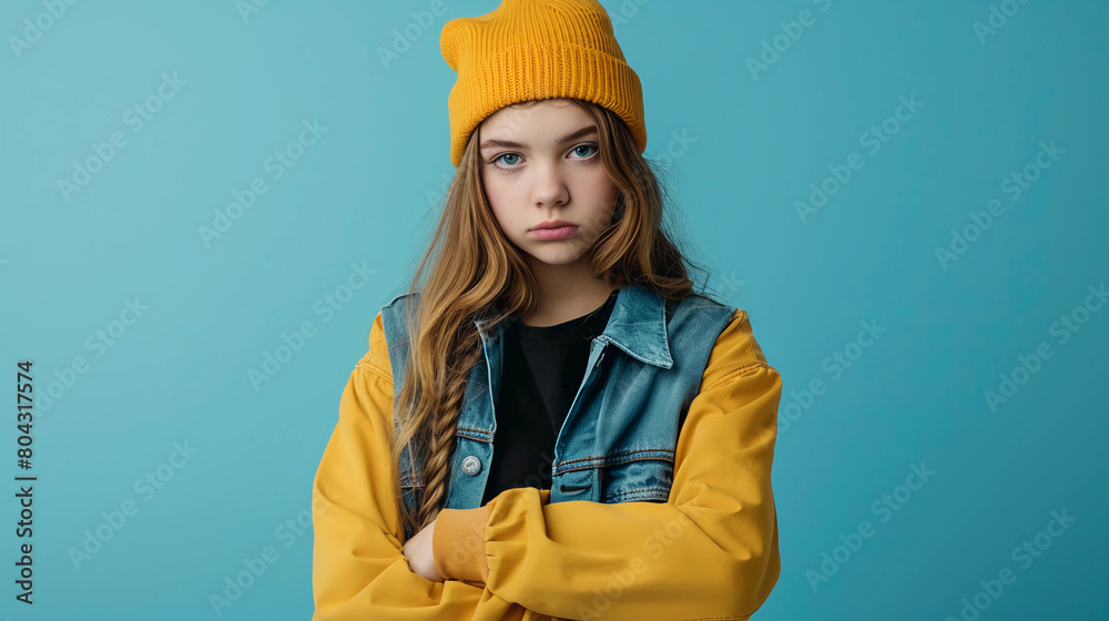 Casual headshot of a defiant teen with their arms crossed on a solid studio background Casual headshot of a defiant teen with their arms crossed on a solid studio background