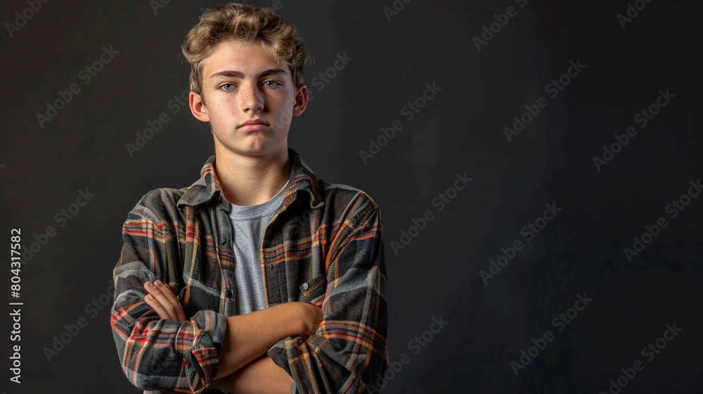 Casual headshot of a defiant teen with their arms crossed on a solid studio background
