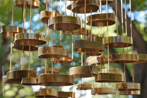 Kinetic sound sculpture Wind-activated chimes composed of varied metals create a harmonious and ever-changing soundscape. photo