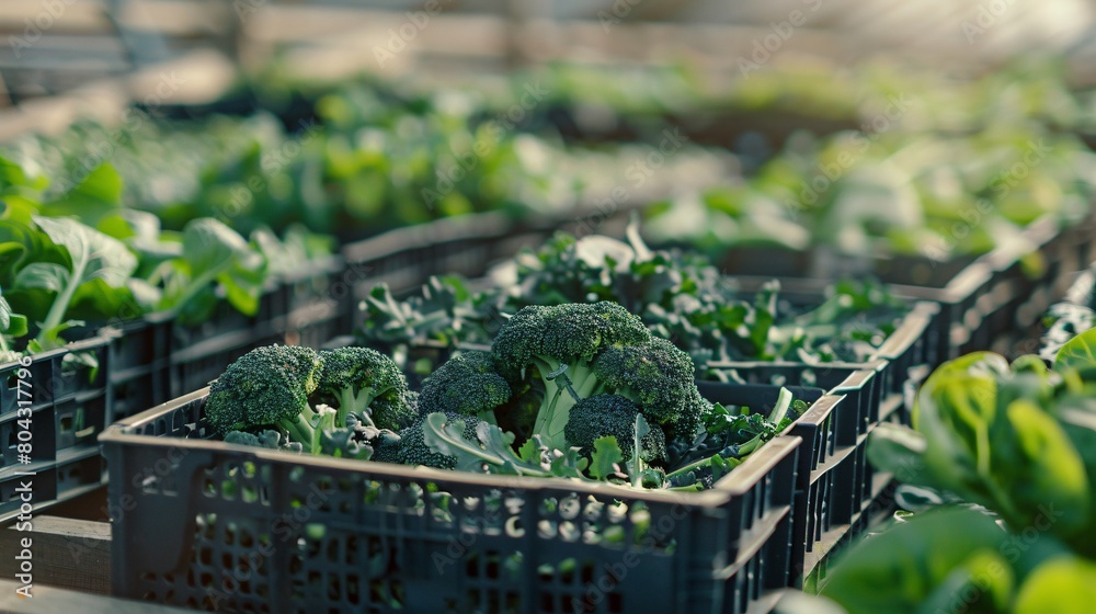 Closeup view of crate with fresh broccoli in the greenhouse on sunny day Closeup view of crate with fresh broccoli in the greenhouse on sunny day