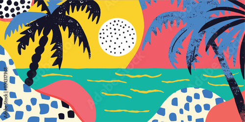 Colourful abstract summer background design. With bight sun and tropical leaves