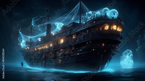 illustration image of a blue ghost ship