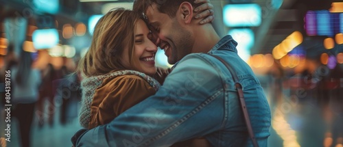 Smiling Girlfriend meets the Love of Her Life at the airport terminal after long separation and hugging and dancing with her handsome partner.