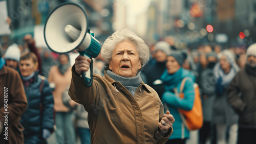 Determined senior woman protesting with a megaphone among a crowd. © lenblr