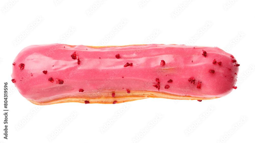 Delicious eclair covered with pink glaze isolated on white Delicious eclair covered with pink glaze isolated on white