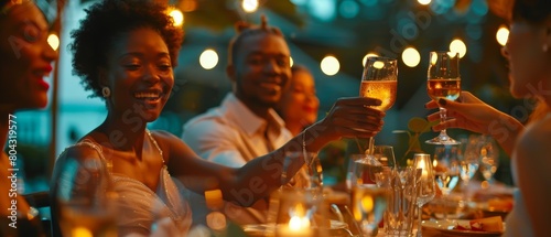 A beautiful bride and groom celebrate their wedding reception at a dinner table with their best multiethnic diverse friends. The newlyweds propose a toast to a happy marriage.