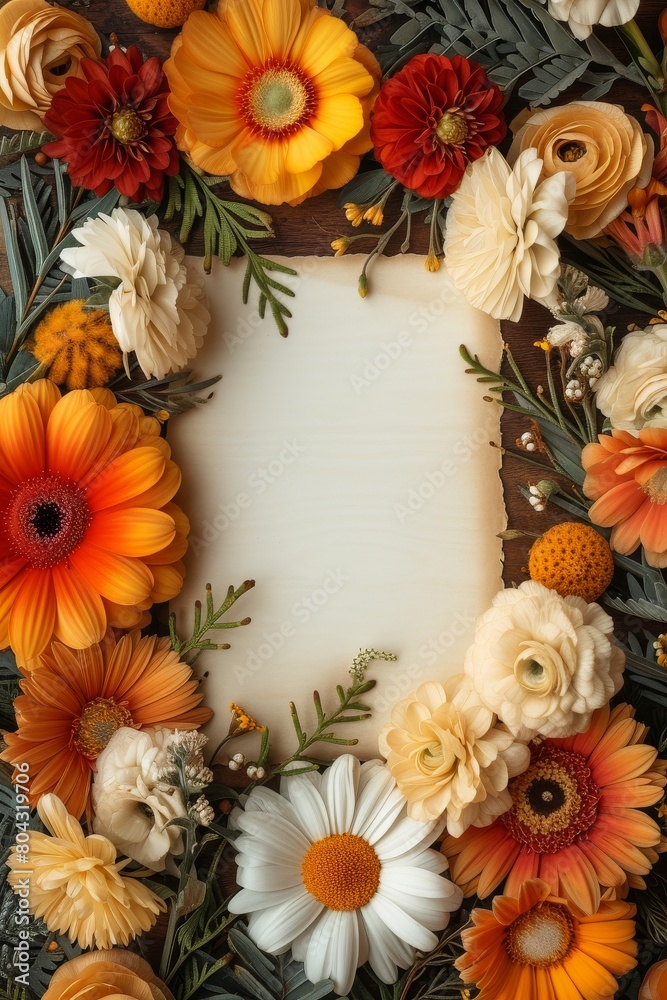 Fototapeta premium Floral Wreath With Flowers and Leaves