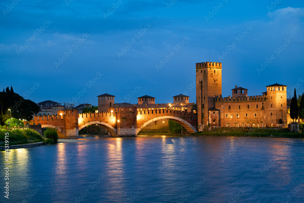 Verona Veneto Italy. Castelvecchio bridge at dusk