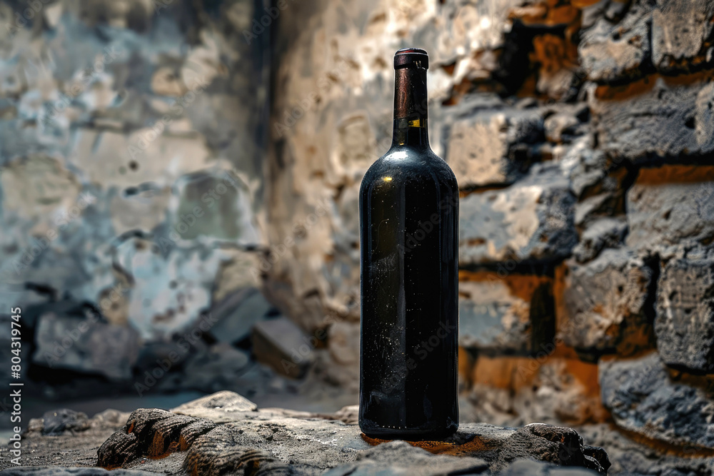 A wine bottle in an ancient wine cellar A wine bottle in an ancient wine cellar