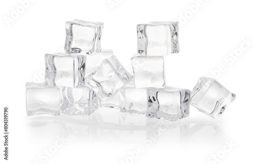 Many melting crystal clear ice cubes isolated on white