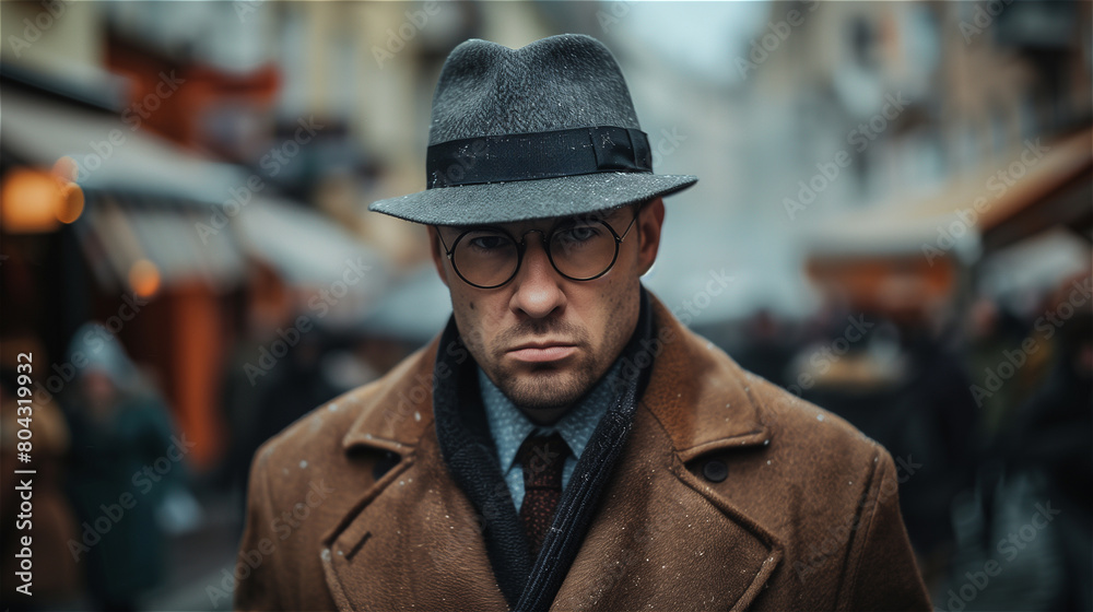 Portrait of a private detective man stands in the crowd