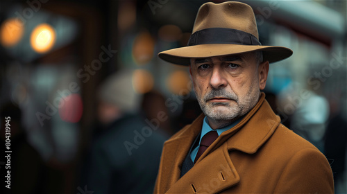 Portrait of a private detective man stands in the crowd