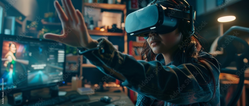 Female Designer Uses Virtual Reality Headset and Controllers for NFT Project. Digital Artist Creates Beautiful Piece of Art using Virtual Reality 3D Software.