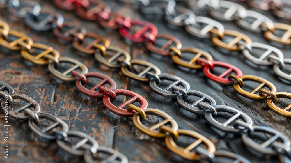 Fototapeta premium A close up of a variety of metal chains in different colors.