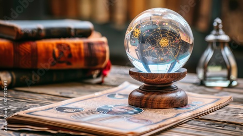 Fortune telling crystal ball on table for superstitious future prediction and mystical decor