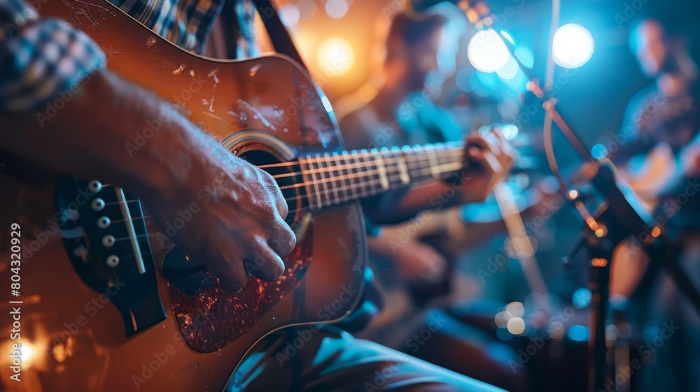 Fototapeta premium An acoustic guitar player performing live on stage