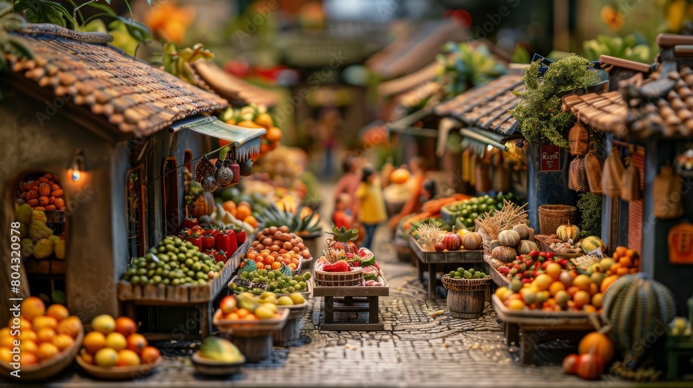 A bustling Asian market with stalls selling a variety of fruits and vegetables.