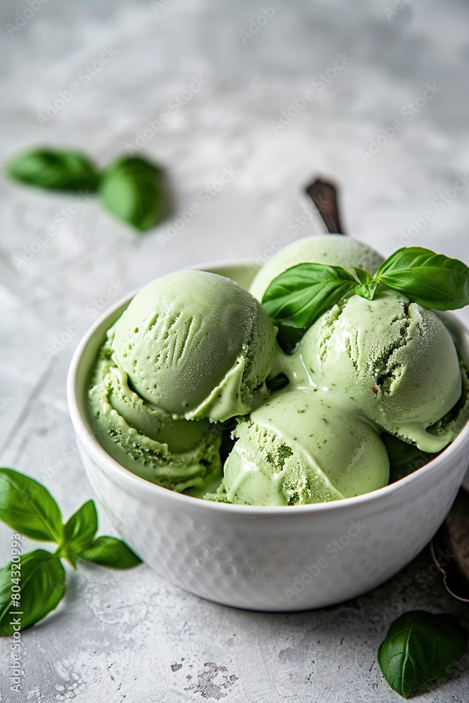 Scoops of green basil ice cream in a white bowl on a light background with copy space, in a closeup view. Scoops of green basil ice cream in a white bowl on a light background with copy space, in a closeup view.