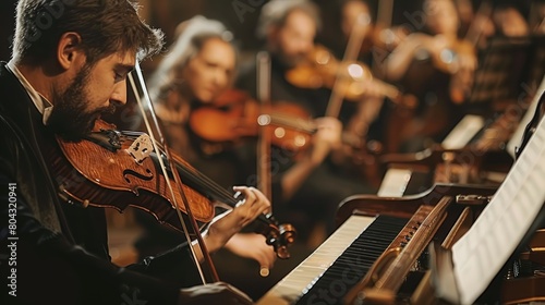 A violinist passionately playing the violin during an orchestra performance. photo