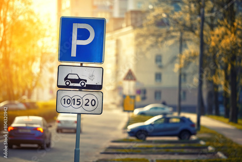 Parking lot sign in residential area, indicating paid parking zone with specific regulations, cars parked avoiding traffic violations. Residential parking zone with paid parking sign photo