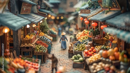 A bustling Asian market with a woman walking through it.