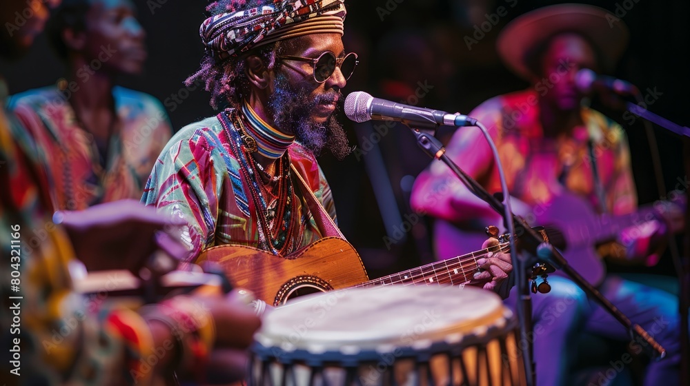 Fototapeta premium A musician playing the guitar and singing into a microphone while other musicians play drums and other instruments in the background.