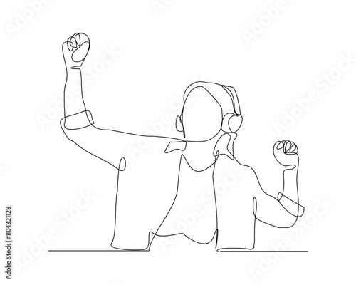 Continuous single one line sketch drawing of young woman happy listening music melody on headphones earphone object technology entertainment vector illustration