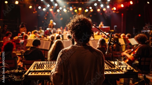 A musician playing a synthesizer on a stage with an orchestra behind him.