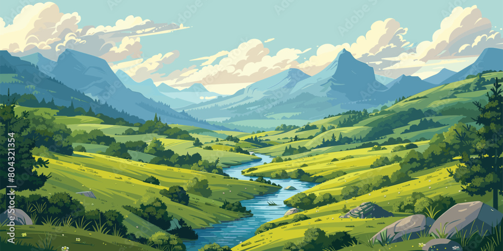 Vector - A peaceful landscape illustration depicting a river meandering through a green valley under a bright sky.