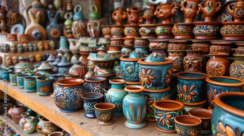 A variety of handmade ceramic pots and bowls with intricate designs and patterns.