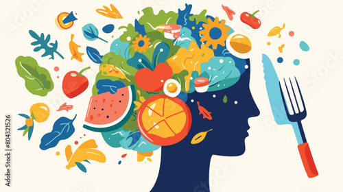 Health and unhealth Food eat in brain. Human head s photo