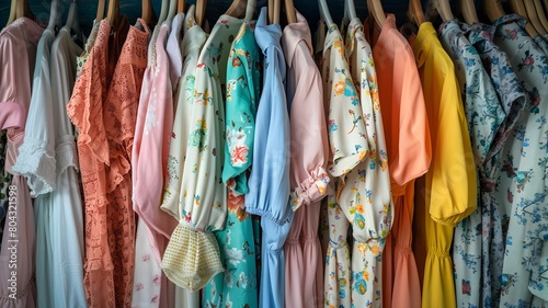 assortment of women's pajamas. A woman's colorful pajamas in a close-up, an ideal backdrop for a home clothing store, with plenty of room for text.