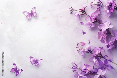 A beautiful bouquet of purple flowers with butterflies on a white marble background.