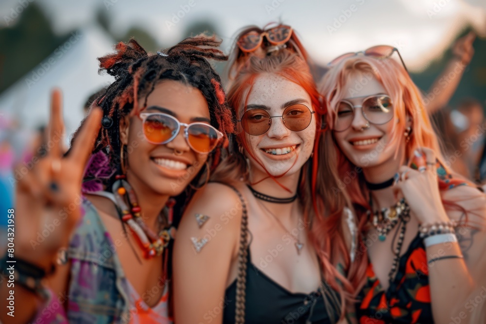 Smiling friends gesturing while enjoying in party at music festival