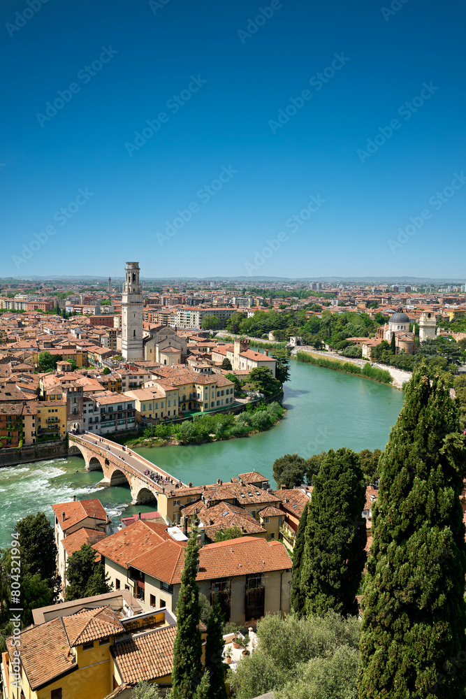 Verona Veneto Italy. Cityscape. The river Adige and Ponte Pietra (Stone Bridge)