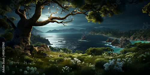 Natural Landscape fantasy landscape with moon light river and greenery forest at night. Digital painting