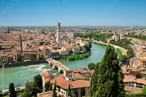 Verona Veneto Italy. Cityscape. The river Adige and Ponte Pietra (Stone Bridge) photo