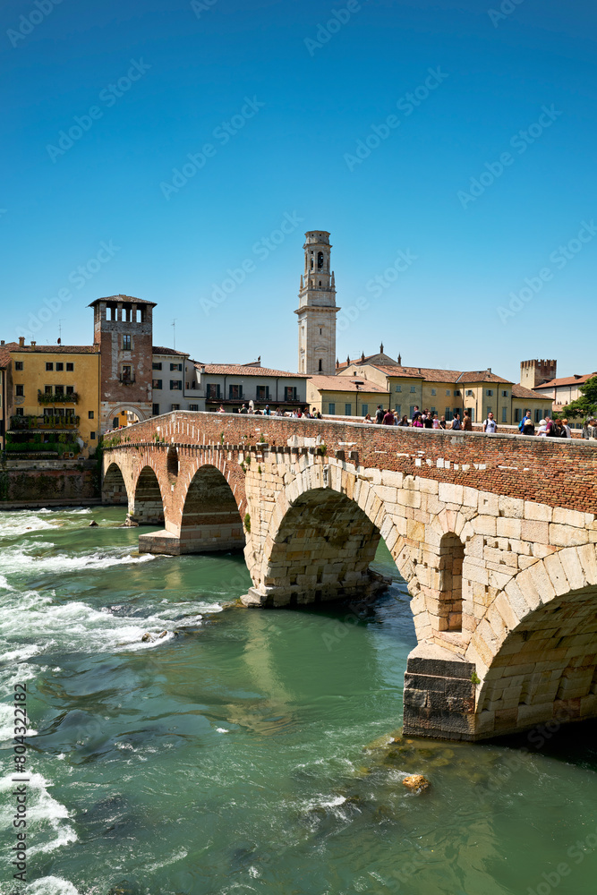 Verona Veneto Italy. Cityscape. The river Adige and Ponte Pietra (Stone Bridge)