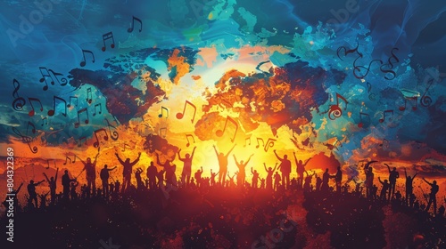 A group of diverse people are dancing and singing in front of a colorful sunset. The image represents the power of music to bring people together from all over the world.