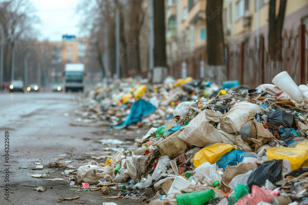 During garbage strike, overflowing piles of garbage are visible on streets. AI Generative During garbage strike, overflowing piles of garbage are visible on streets. AI Generative