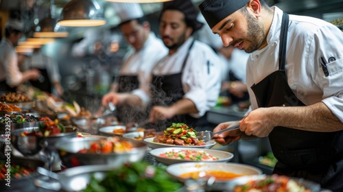 A chef carefully plating a dish in a busy restaurant kitchen.