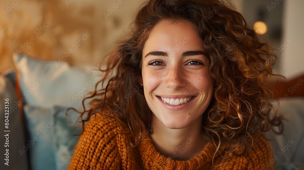 Portrait of a Joyful Woman with Curly Hair in a Cozy Interior. Casual Style, Genuine Smile, Happiness Concept. Perfect for Lifestyle Blogs and Advertising. AI Portrait of a Joyful Woman with Curly Hair in a Cozy Interior. Casual Style, Genuine Smile, Happiness Concept. Perfect for Lifestyle Blogs and Advertising. AI