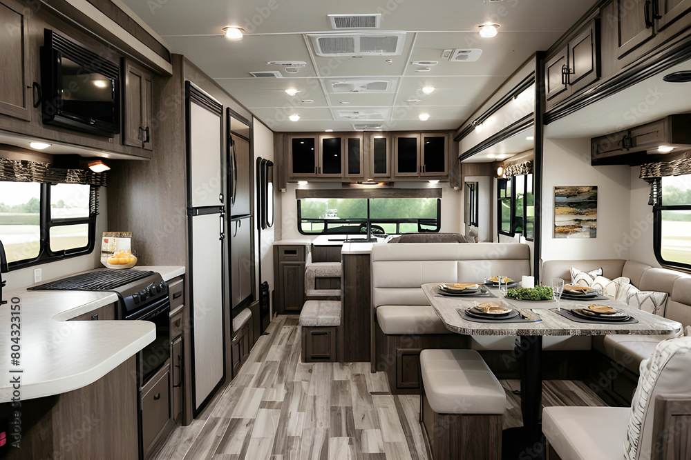 Fototapeta premium Modern, clean design of a fifth wheel travel trailer shows the dining area with storage and a huge picture window.