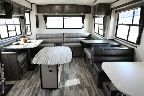 Modern, clean design of a fifth wheel travel trailer shows the dining area with storage and a huge picture window. photo