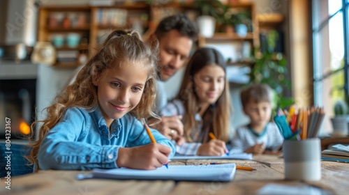 A family is sitting around a table doing homework together.