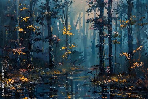 Night scene of autumn forest  landscape painting .